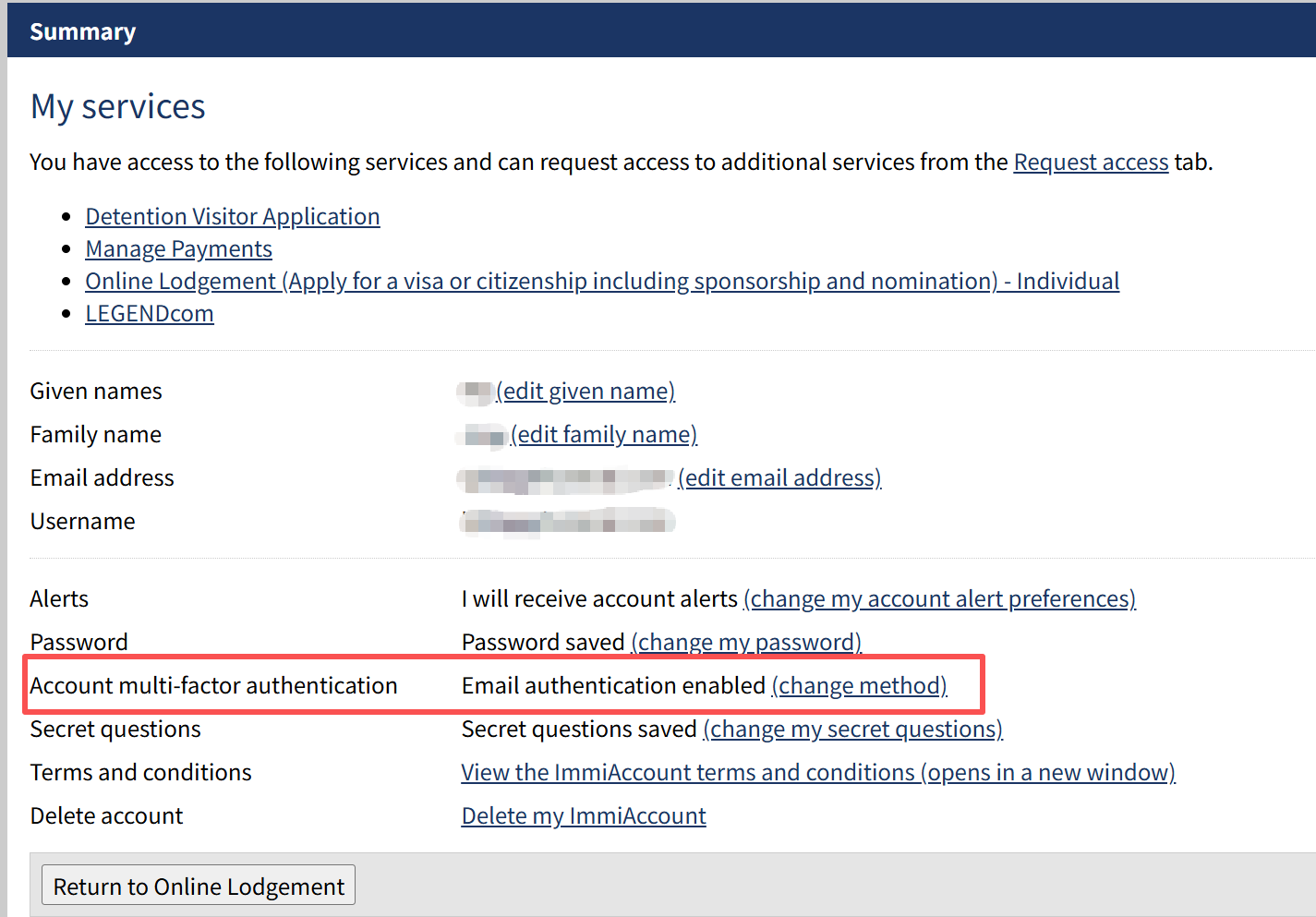 Account multi-factor authentication 的状态及 change method 入口
