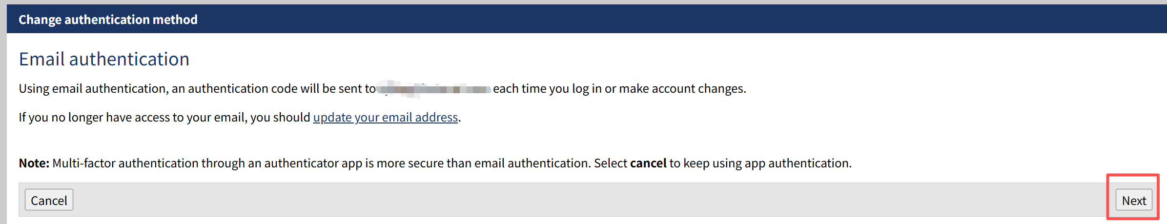 Email authentication 页面，继续点击 Next