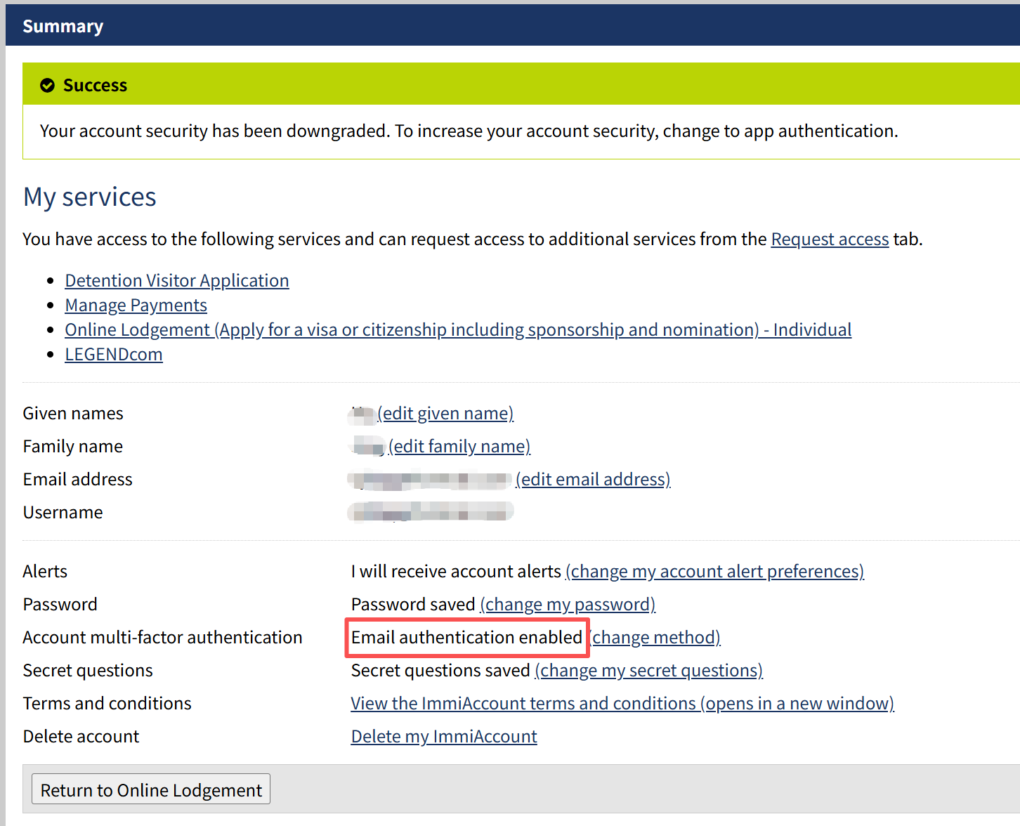 修改成功，验证方式显示 Email authentication enabled